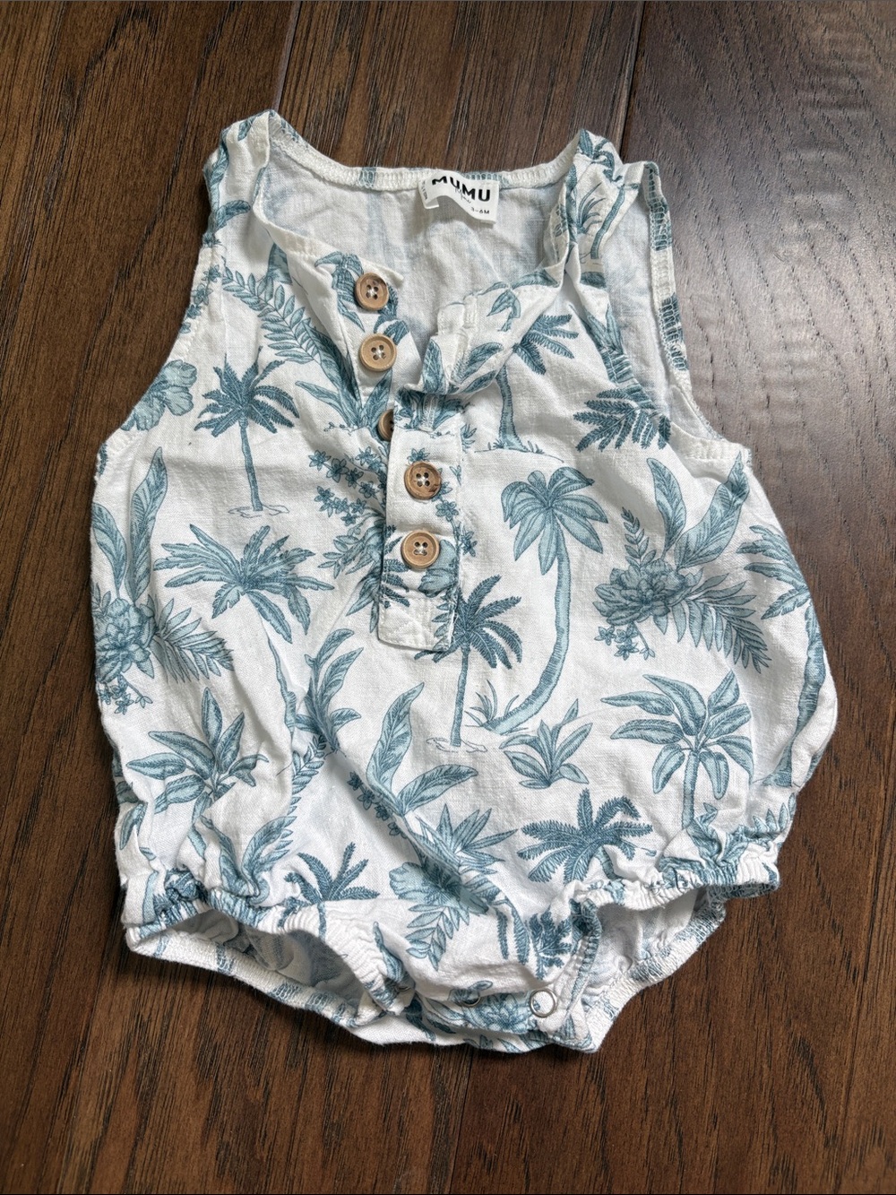 Show Me Your Mumu Baby Blue Palm-Print Sleeveless Romper